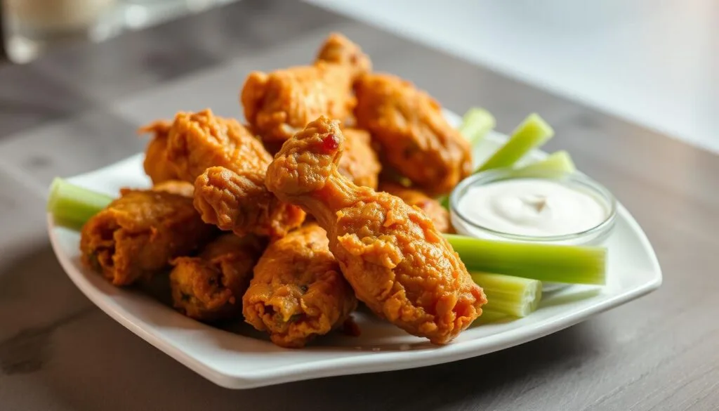 Homemade boneless chicken wings with celery and ranch dressing