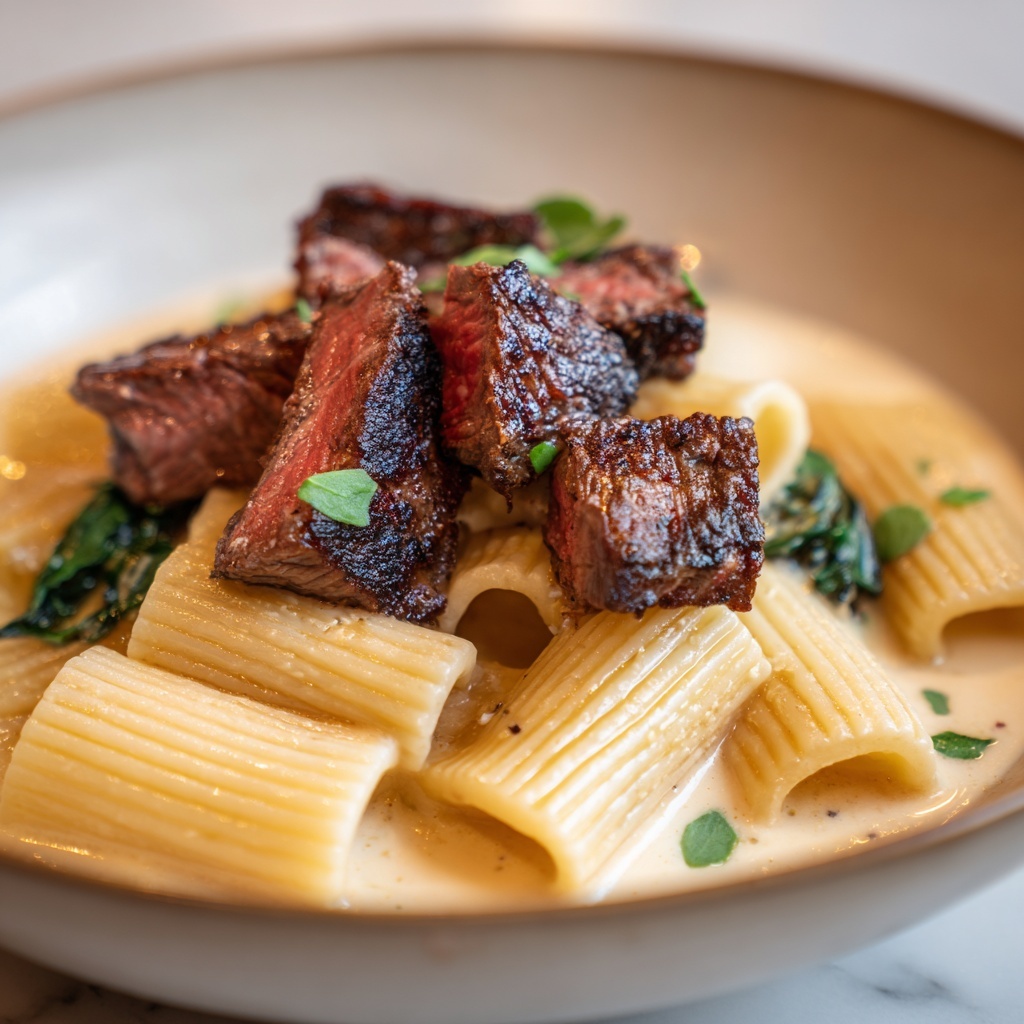 Garlic Butter Steak Tips with Cheesy Rigatoni Recipe - Recipe Image