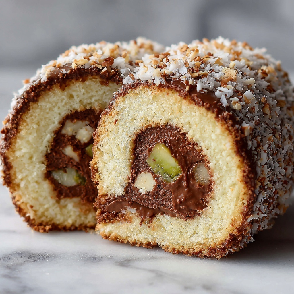 German Chocolate Coconut Pecan Roll Cake Recipe - Recipe Image