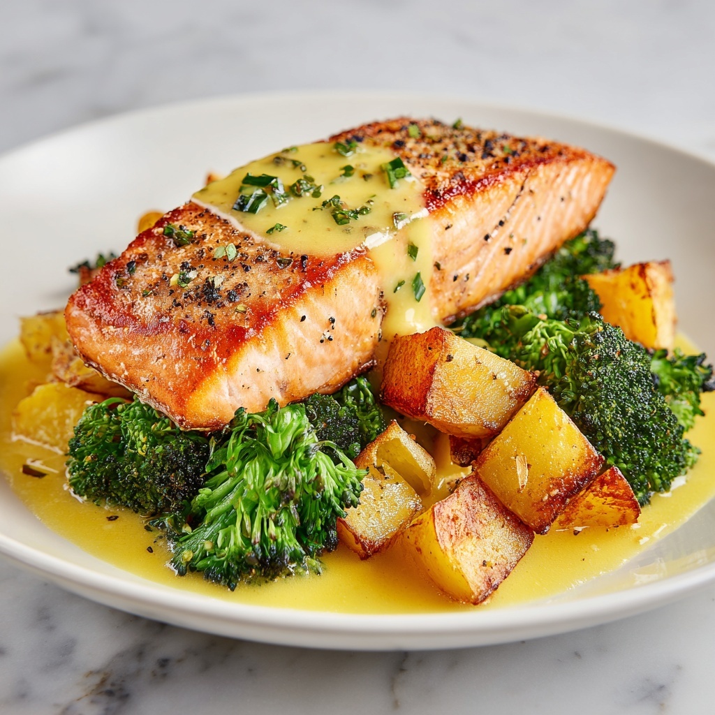 Lemon Butter Salmon with Crispy Potatoes and Roasted Broccoli Recipe - Recipe Image