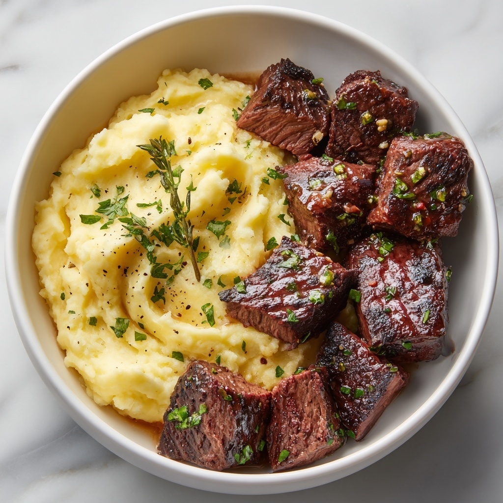 Garlic Butter Steak Bites with Creamy Mashed Potatoes Recipe - Recipe Image