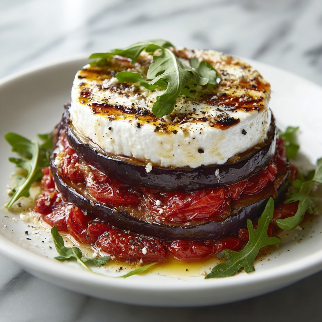 Grilled Eggplant Ratatouille with Fresh Cheese and Arugula Recipe - Recipe Image
