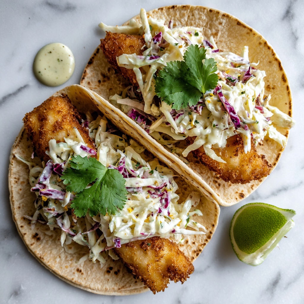 Crispy Fish Tacos with Cilantro-Lime Slaw and Spicy Cream Sauce Recipe - Recipe Image