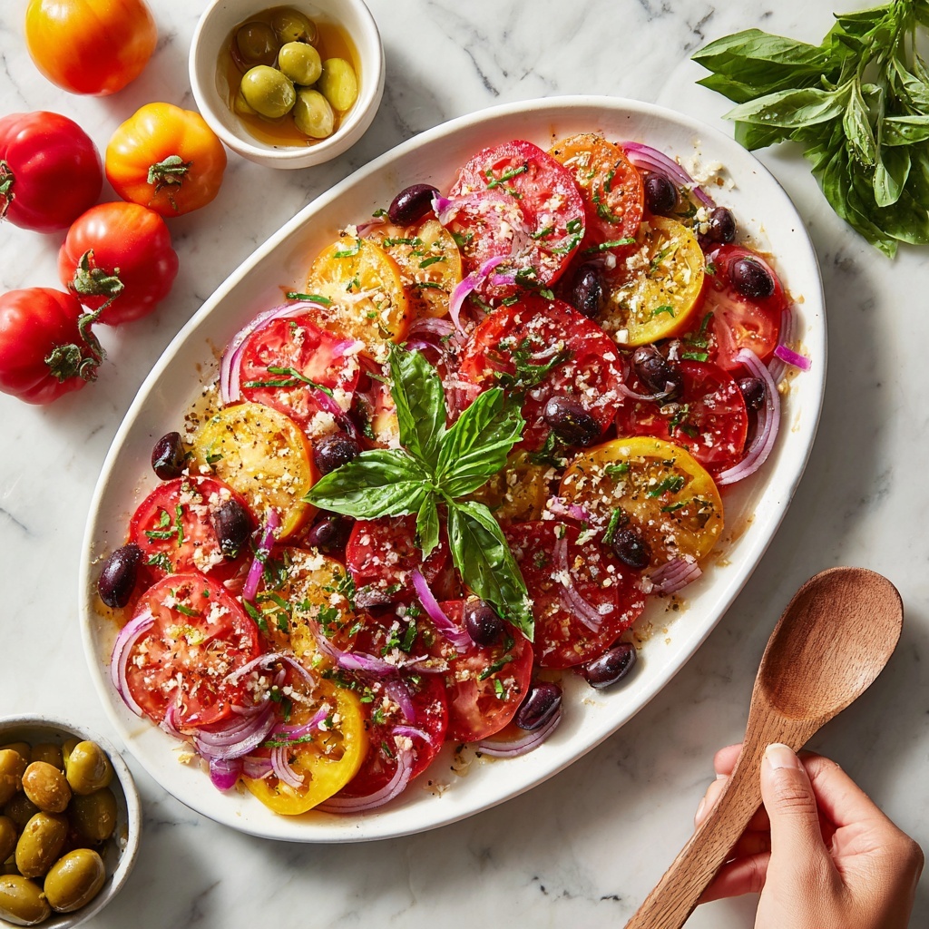 Heirloom Tomato Salad with Fresh Basil and Kalamata Olives Recipe - Recipe Image