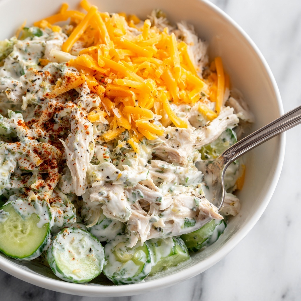 Cucumber Snack Bowl with Shredded Cheese, Diced Chicken, and Spiced Dressing Recipe - Recipe Image