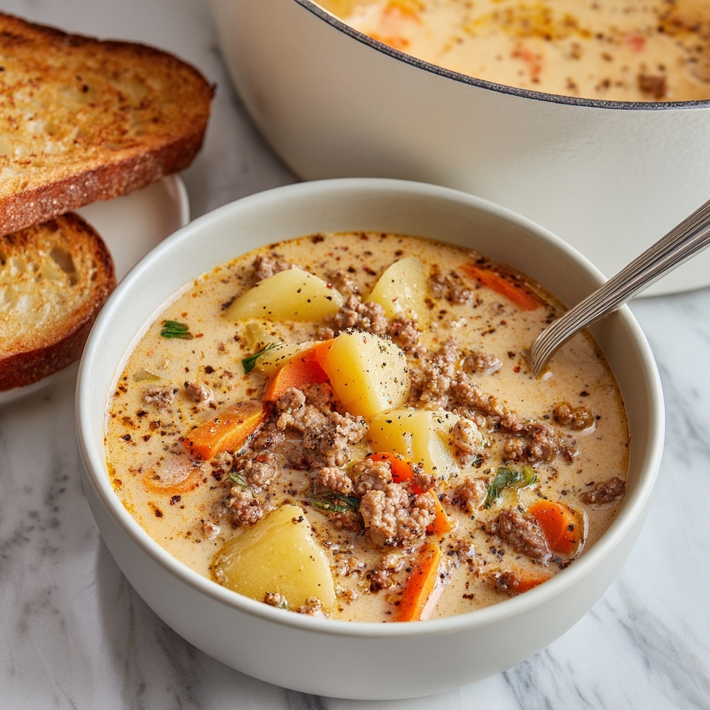 Cheeseburger Soup with Pepper Jack Velveeta and Fresh Vegetables Recipe - Recipe Image