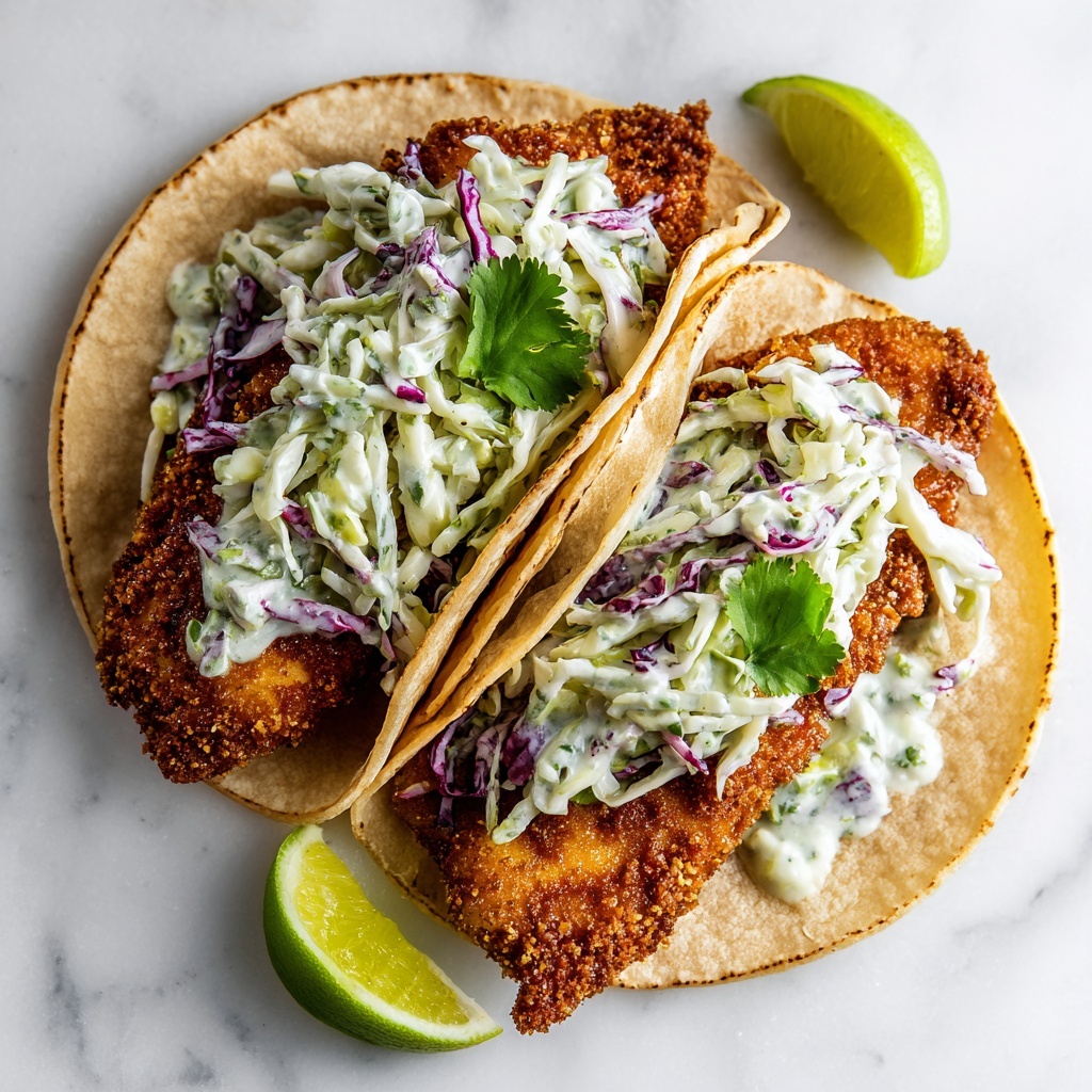Crispy Fish Tacos with Cilantro-Lime Slaw and Spicy Cream Sauce Recipe - Recipe Image