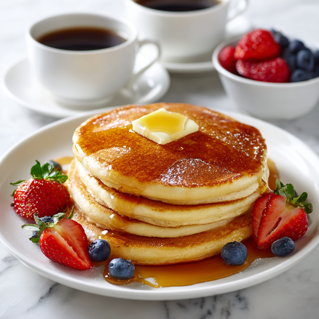 Fluffy Pancakes with Maple Syrup and Fresh Berries Recipe - Recipe Image