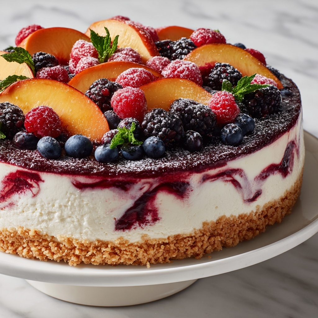 Savory Summer Berry and Peach Cheesecake Recipe - Recipe Image